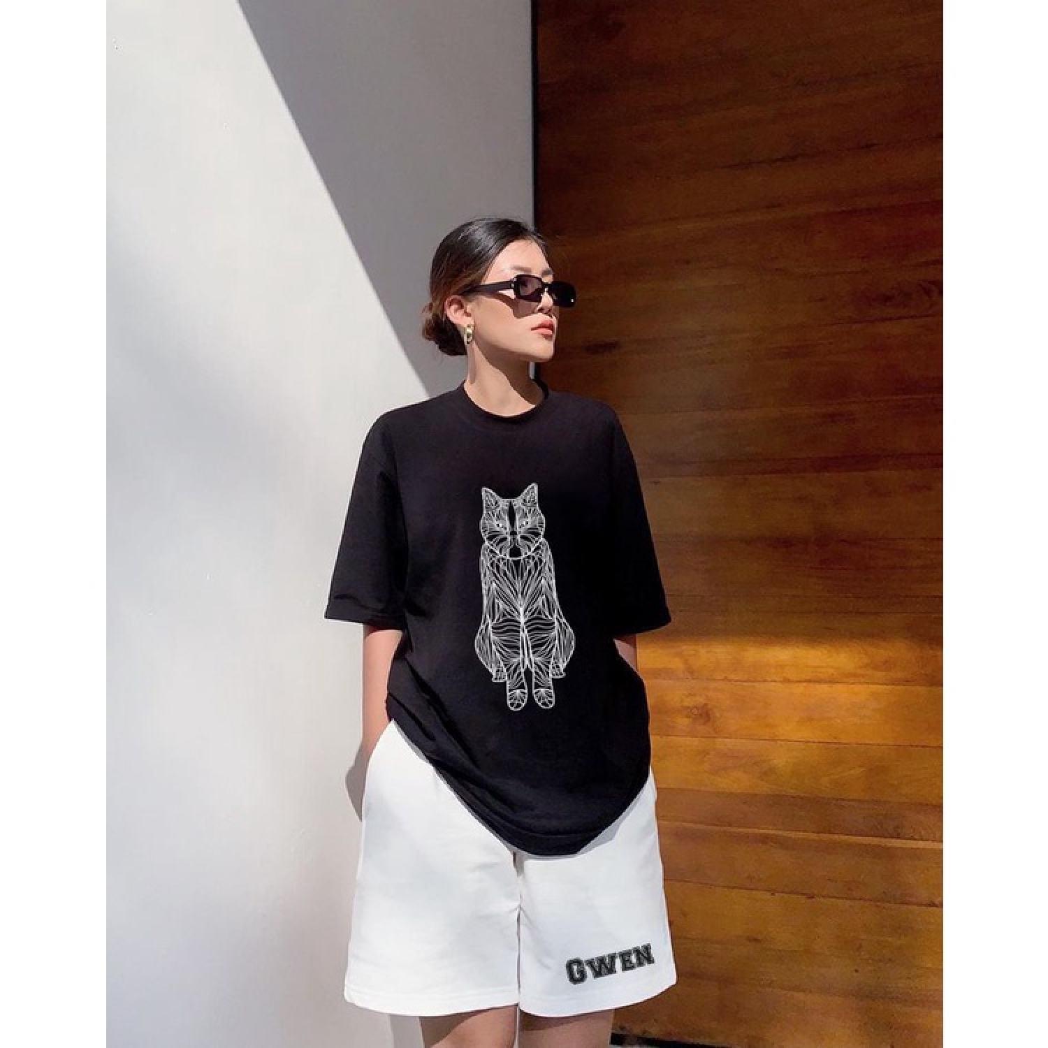 Bộ Quần Áo Thun Unisex CAT Form Rộng Phong Cách Hàn Quốc Chất Liệu Cotton Cao Cấp Thoáng Mát