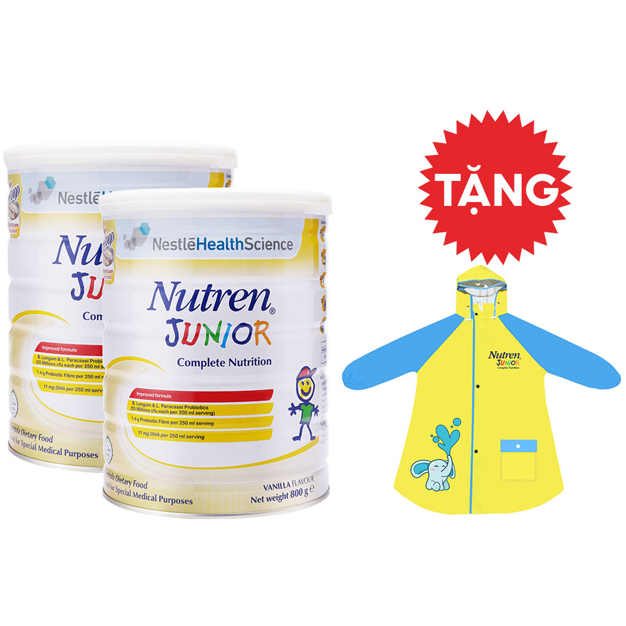 Combo 2 Lon Sản Phẩm Dinh Dưỡng Y Học NUTREN JUNIOR Lon 800g + Tặng Áo Mưa Cho Bé