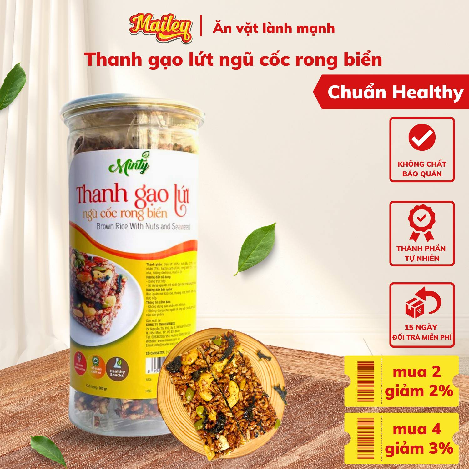 Thanh gạo lứt chà bông/rong biển mix hạt Mailey Hũ 200g - Bánh gạo lứt ăn kiêng hỗ trợ giảm cân