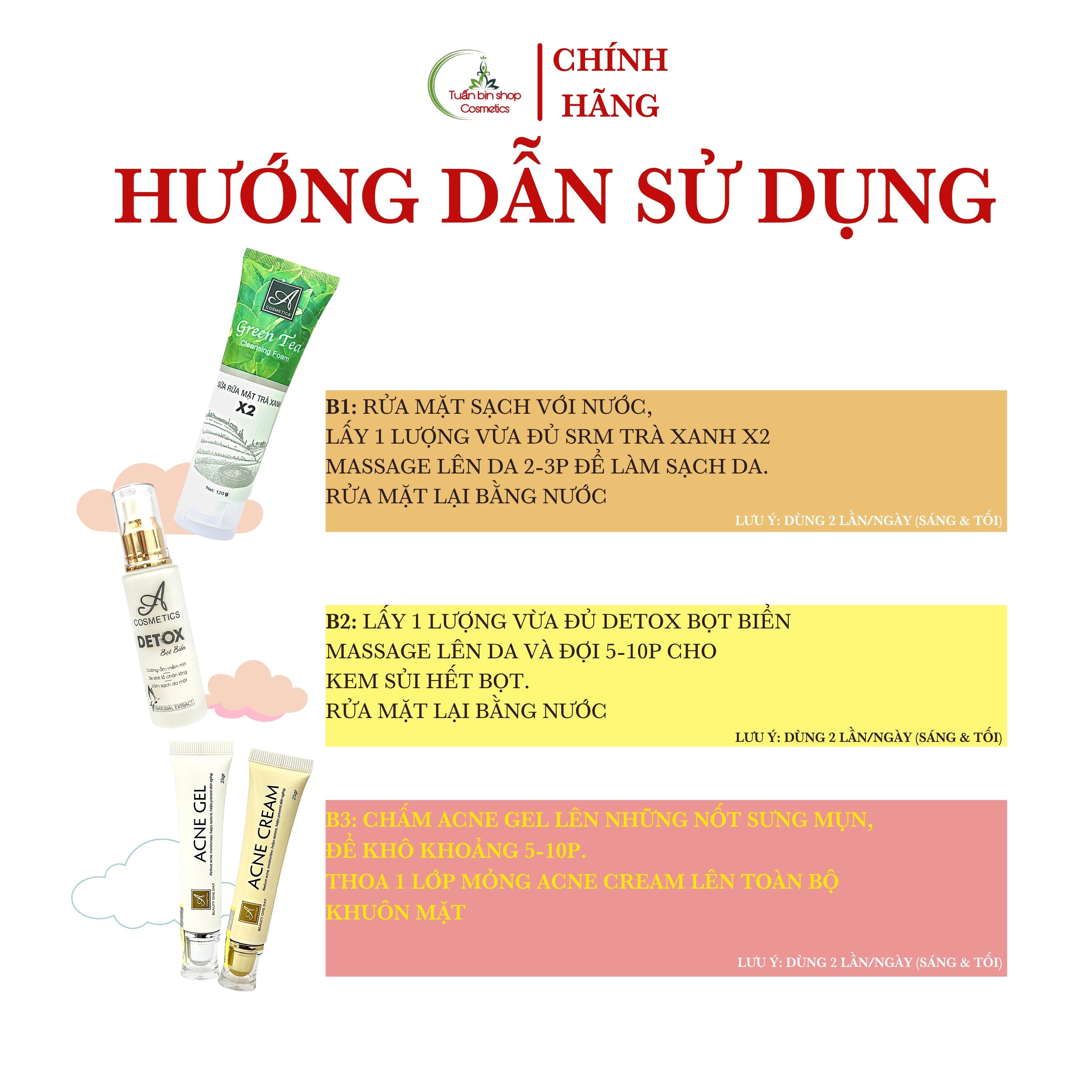 Combo kem giảm mụn, thải độc da, kiềm dầu Acosmetics, kem giảm mụn siêu tốc, detox bọt biển, sữa rửa mặt trà xanh x2 220g