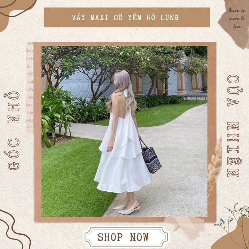 Váy Đầm Maxi Cổ Yếm 2 Tầng Hở Lưng Màu Trắng Mặc Đi Biển Xinh