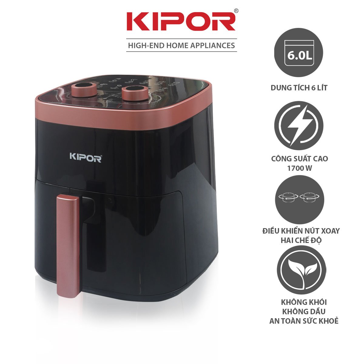 Nồi chiên không dầu KIPOR KP-AF632 - 6L - Điều khiển cơ, công nghệ đối lưu khí nóng 4D - Phủ chống dính cao cấp - Hàng chính hãng