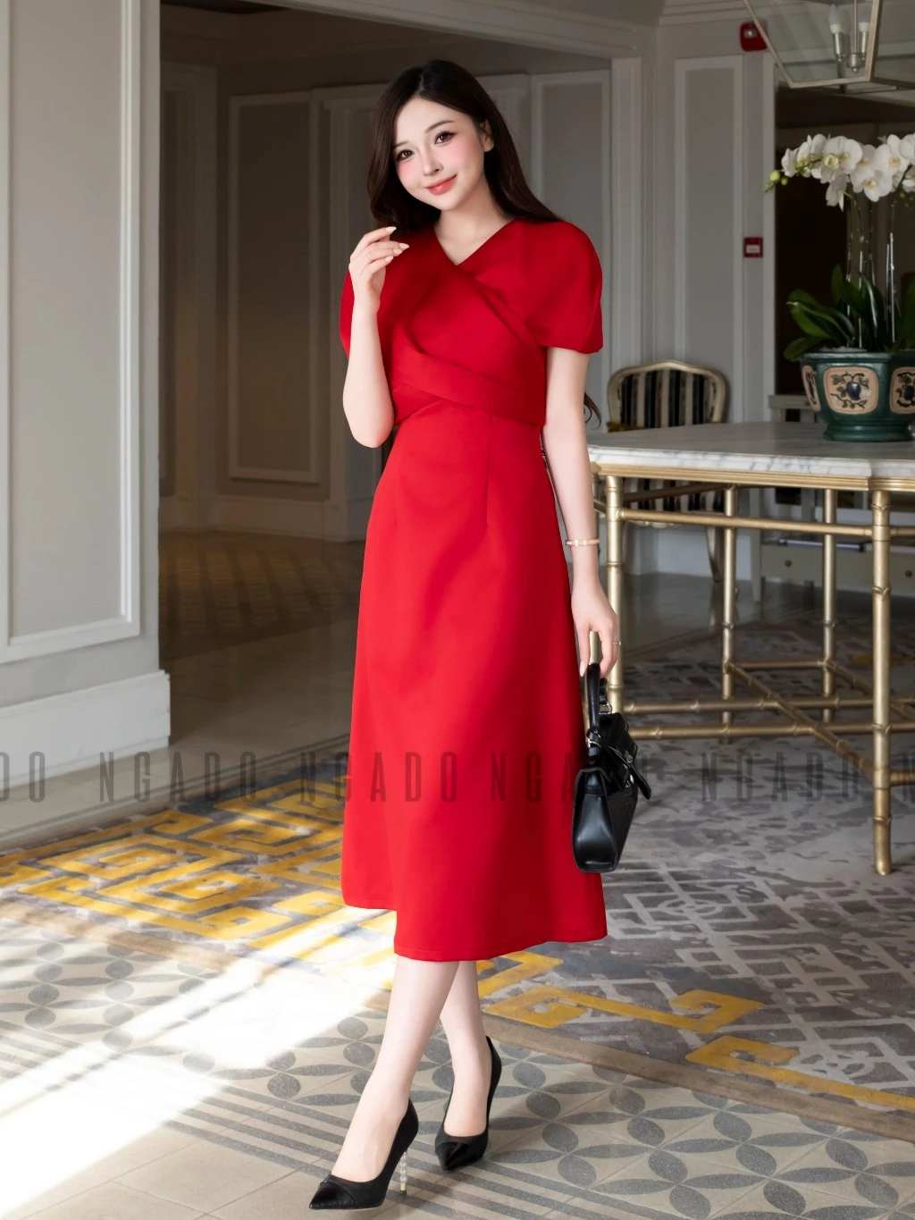 Đầm đỏ cổ V NGADO , đầm dự tiệc dáng dài , đầm công sở