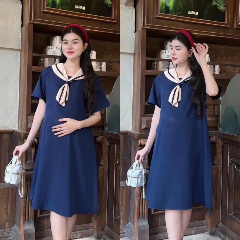Đầm Bầu Công Sở Vải Trơn Chất Cotton Lạnh Phối Cổ Nơ Dáng Suông Thanh Lịch, Nhẹ Nhàng - Xanh đậu