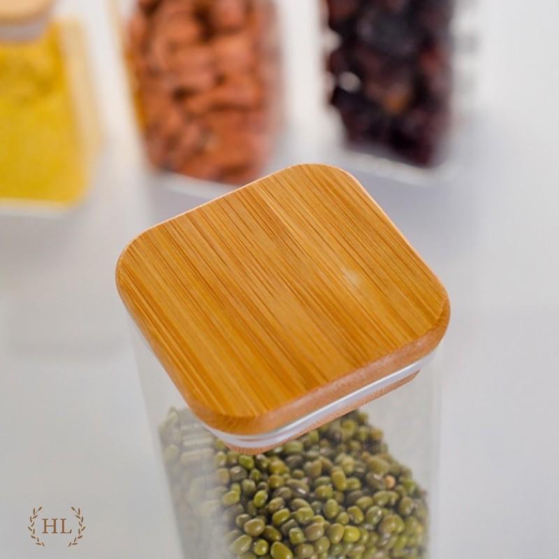 Hũ Thủy Tinh Vuông Nắp Gỗ Tre Kín Hơi Đựng Thực Phẩm, Gia Vị Tiện Dụng | Lọ thuỷ tinh nắp gỗ tre chất liệu Borosilicate