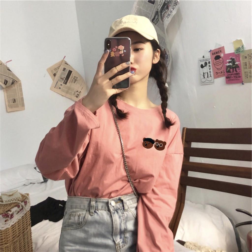 Áo Thun Tay Dài Unisex Thêu ĐẦU GẤU Thu Đông