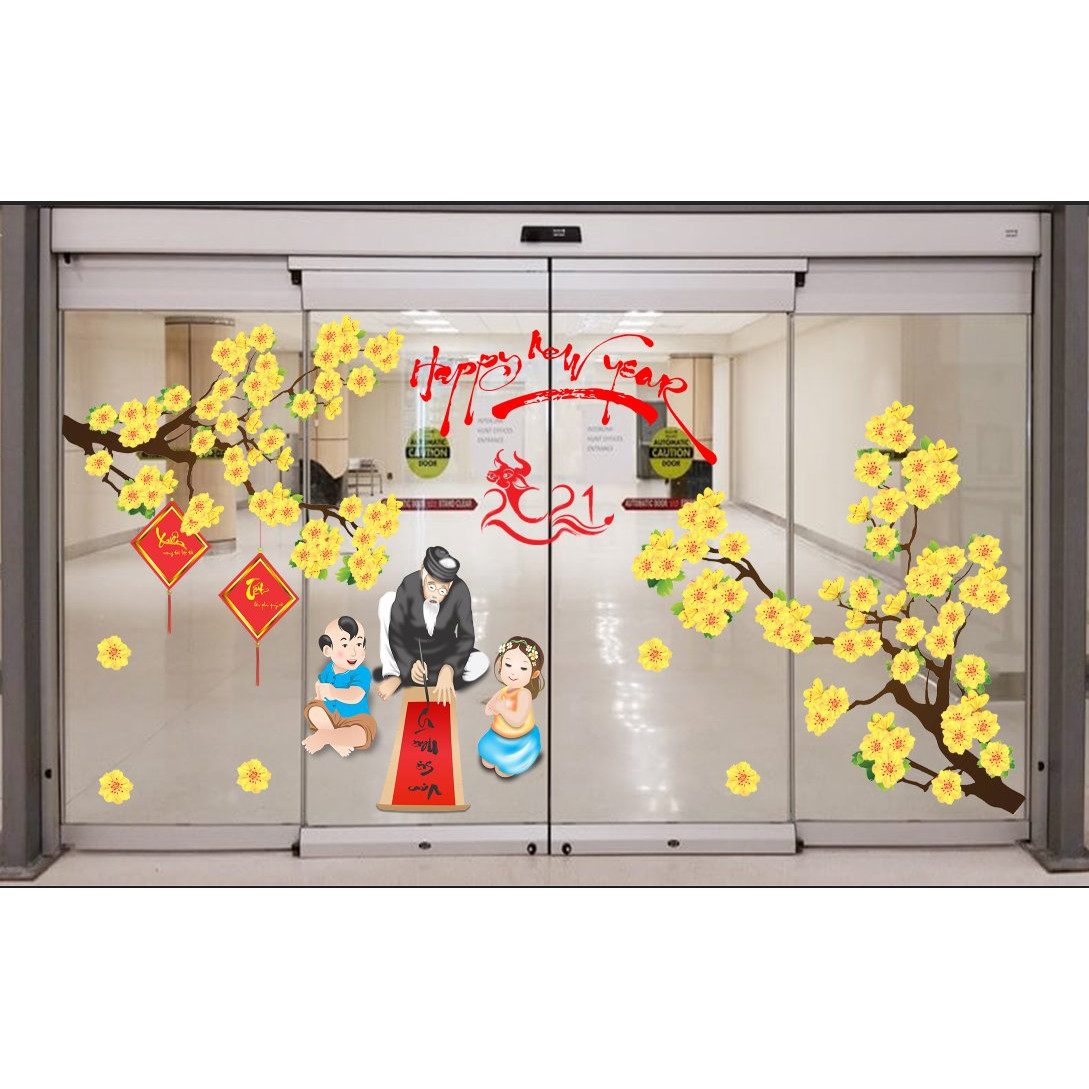 Decal trang trí têt Happy new year - có sẵn keo - decal dán kính trang trí tết PK626(150x200cm)