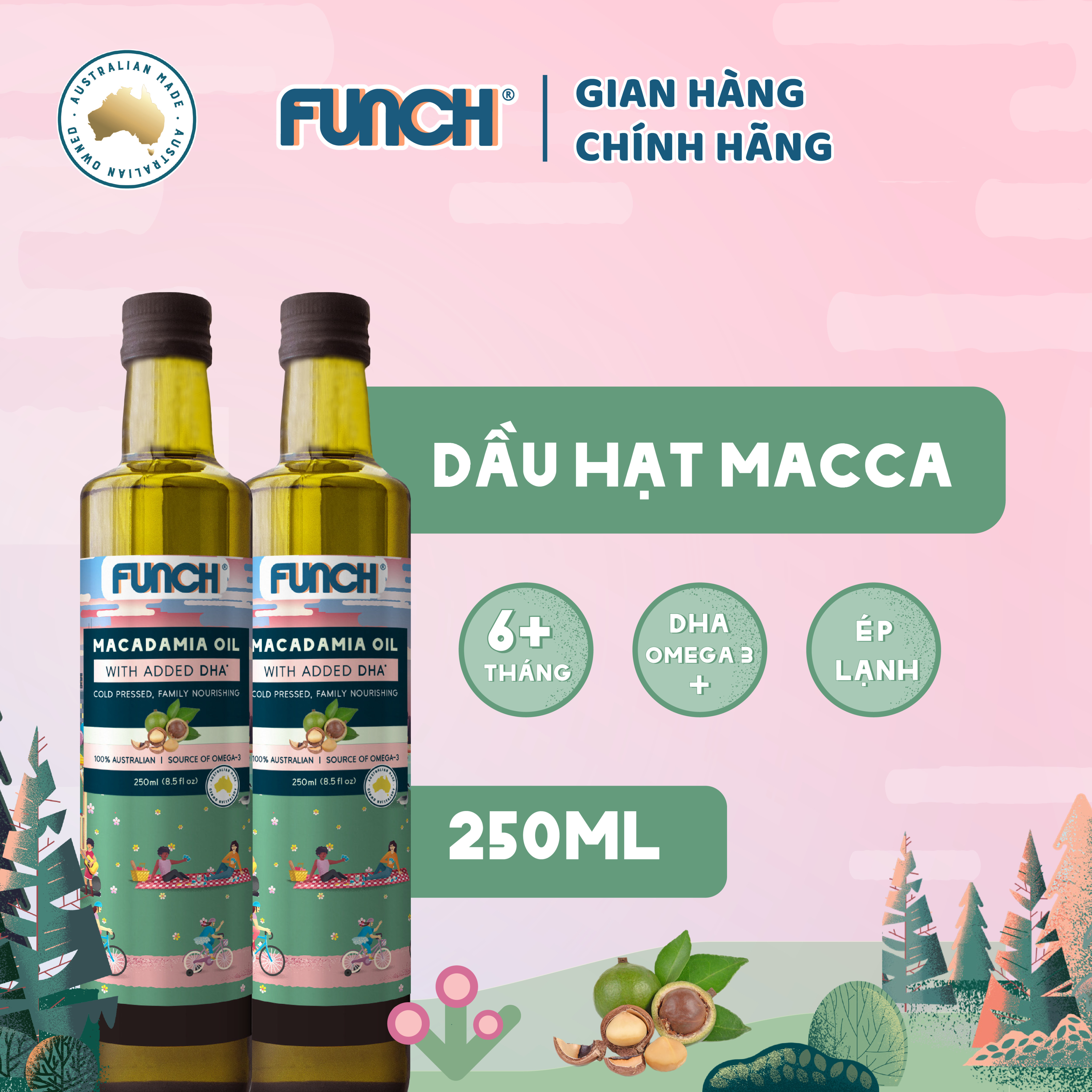 Dầu Hạt Macca Ép Lạnh FUNCH Từ Úc Bổ Sung DHA Omega 3 Cho Bé Ăn Dặm 6 Tháng Tuổi Chai 250ml