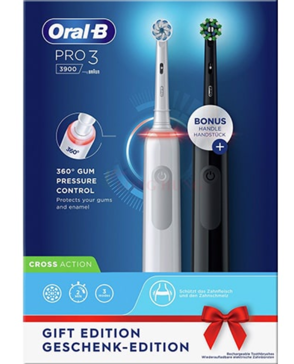 Set 2 Bàn Chải Đánh Răng Chạy Điện Oral-B Pro 3 3900 CrossAction, Oral B Electric Toothbrush, Công Nghệ 3D Làm Sạch Sâu, Nhập Đức, Hàng Chính Hãng