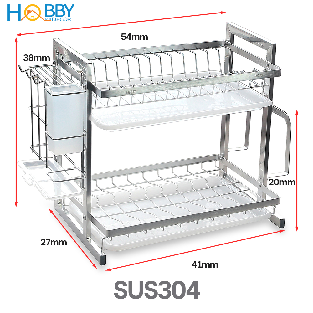 Kệ chén đa năng 2 tầng inox 304 Hobby Home Decor KC2T kèm khay hứng nước, ống đũa, giá treo thớt không rỉ sét