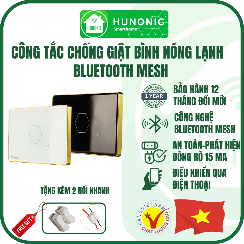 Công Tắc Chống Giật Bình Nóng Lạnh Thông Minh HUNONIC LUXYRY Hình Chữ Nhật VIền Vàng