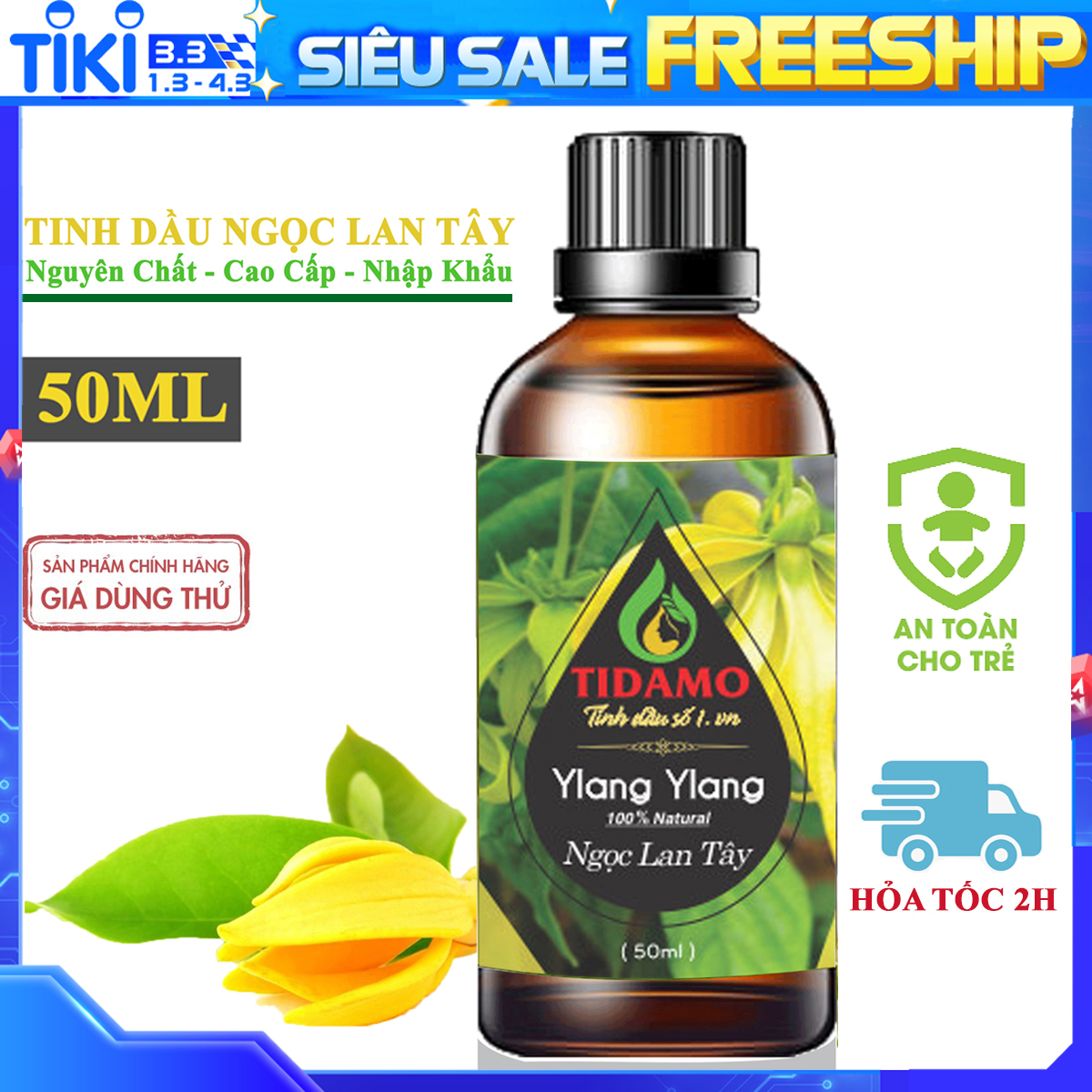 Tinh Dầu Ngọc Lan Tây Nguyên Chất 50ML TIDAMO (Ylang Ylang) - Tinh Dầu Cao Cấp Nhập Khẩu Từ Ấn Độ, Xông Hương Thơm Phòng, Thư Giãn, Nâng Cao Sức Khỏe - Kiểm Nghiệm Chất Lượng Tại Trung Tâm Quatest 3