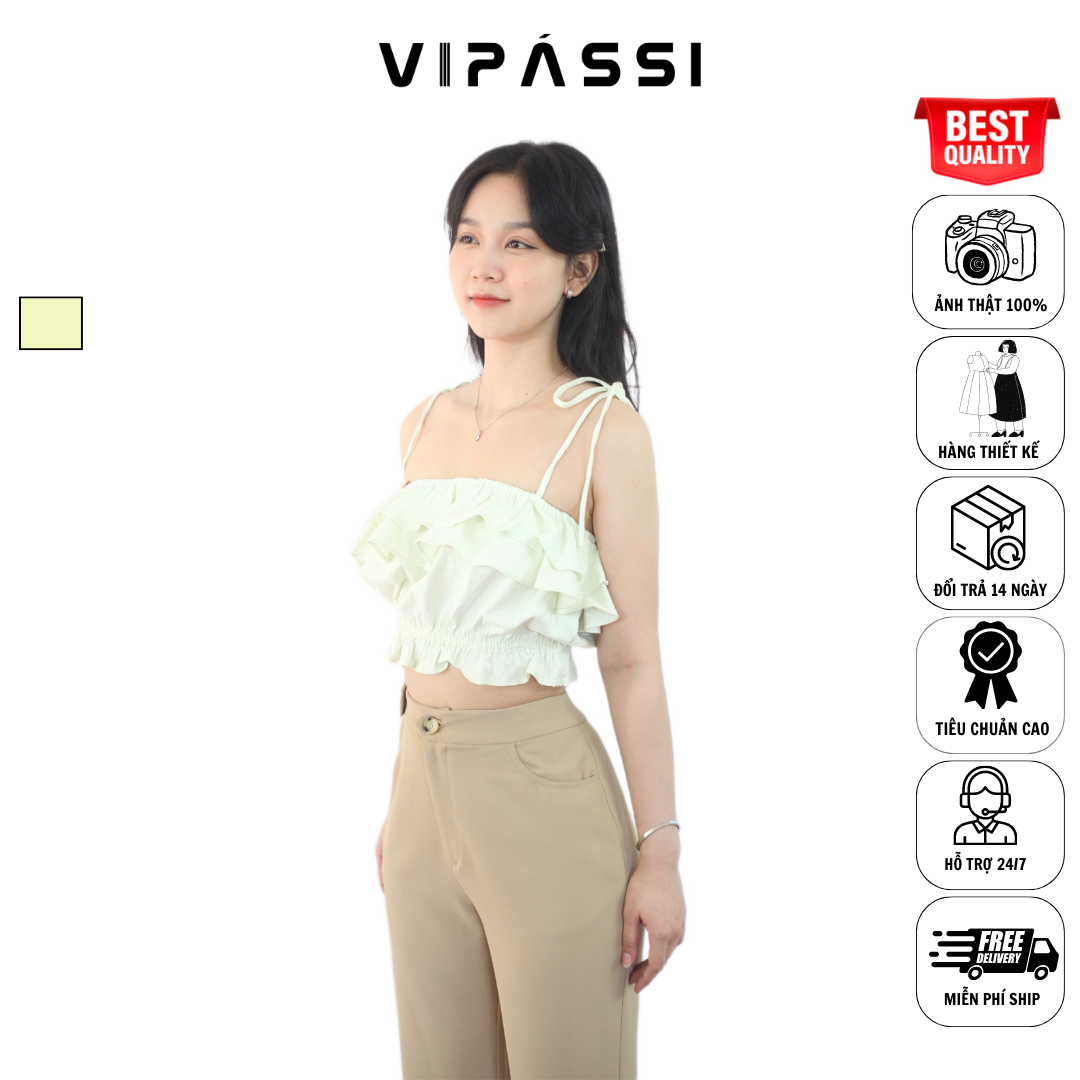 VIPÁSSI - Áo Hai Dây Linen Nhún Phối Bèo 2 Tầng Xanh Nhạt Ngắn Bo Thun Eo