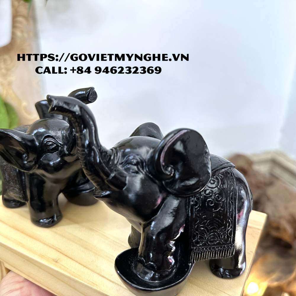 Combo 2 Tượng con voi đá trang trí phong thủy bàn làm việc - Màu đen tuyền - Chiều cao 11cm