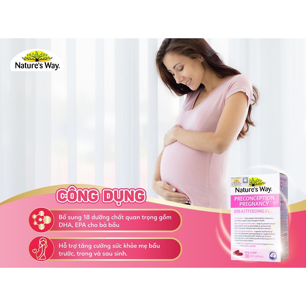 Vitamin Bầu Nature's Way PreConception Pregnancy Breastfeeding Plus - Bổ Sung Vitamin Tổng Hợp Cho Bà Bầu (Hộp 30 Viên)