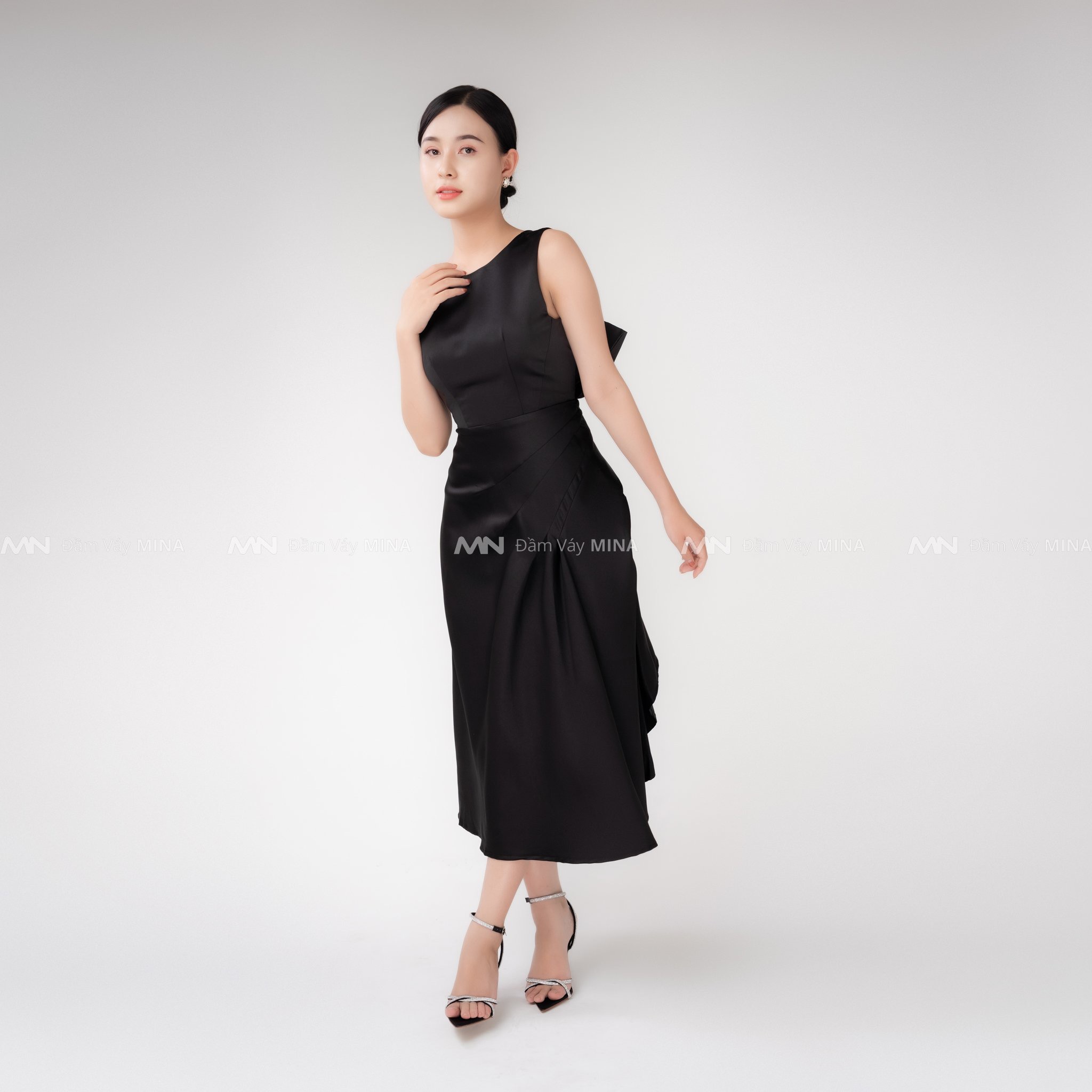 Đầm dự tiệc đầm sang trọng dáng xoè hở lưng nơ Taffeta cao cấp MN104 - Đầm Váy Mina