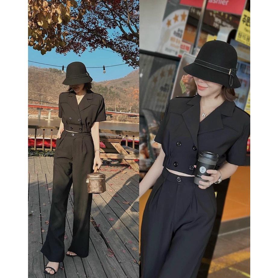 Sét áo vest croptop tay ngắn 4 cúc bo chun eo kèm quần dài thanh lịch GKM
