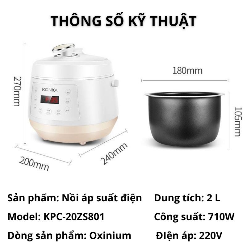 Nồi Áp Suất Điện Đa Năng 2 Lít 710W 70kPA KONKA KPC-20ZS801 - Hàng Nhập Khẩu