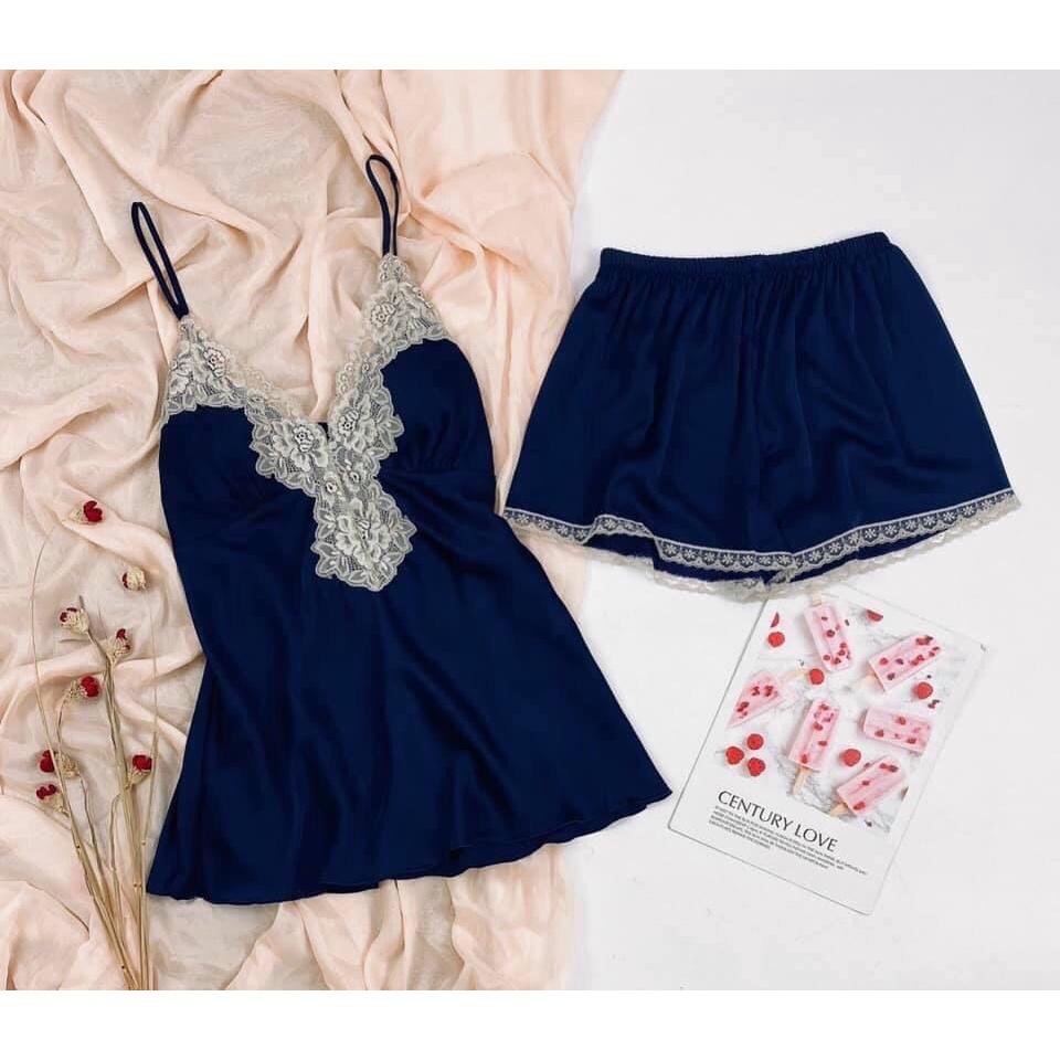 Đồ ngủ sexy đồ ngủ 2 dây phối ren có mút ngực Hoàng Tình Store, chất liệu lụa satin, freesize 40-60kg tùy chiều cao