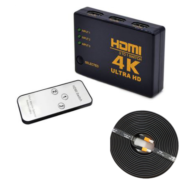 Switch HDMI 4k*2k vào 3 ra 1 + cáp hdmi dẹp 4k dài 1m - Hàng nhập khẩu