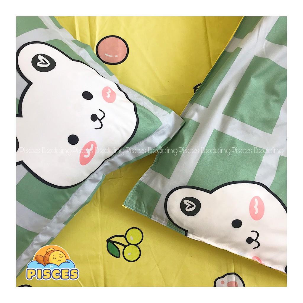 Bộ Chăn Ga Gối Cotton Poly Gấu Trắng Caro Xanh