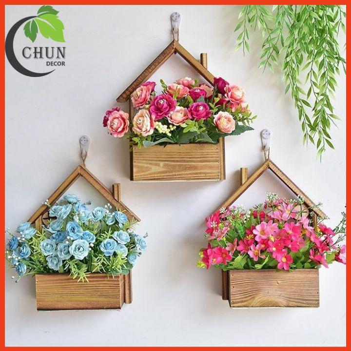 Hoa giả - Giỏ hoa, lẵng hoa lụa treo tường hình ngôi nhà nhiều mẫu, chất liệu gỗ thông tự nhiên