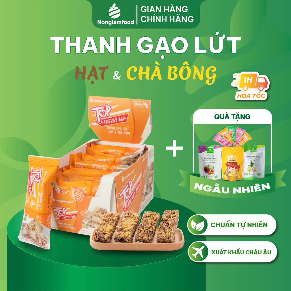 Thanh gạo lứt ngũ cốc Nonglamfood Hạt và Chà Bông - Rong Biển - Trái Cây Top Energy Bar Hộp16 Thanh | Bánh ăn kiêng dinh dưỡng thay thế bữa ăn sáng | Ngon chuẩn dưỡng chất | Chay mặn đều dùng được (Tùy loại)