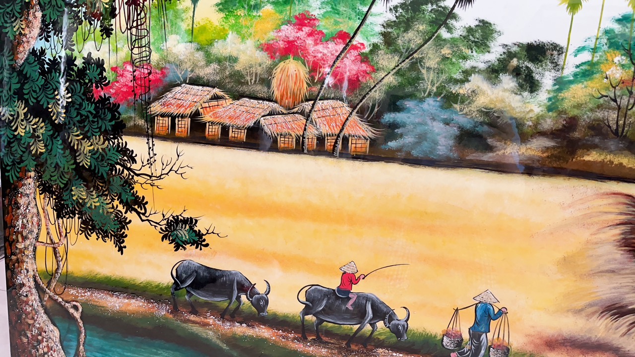 Tranh sơn mài đồng quê Thanh Bình Lê, hàng xuất khẩu 80x140 cm