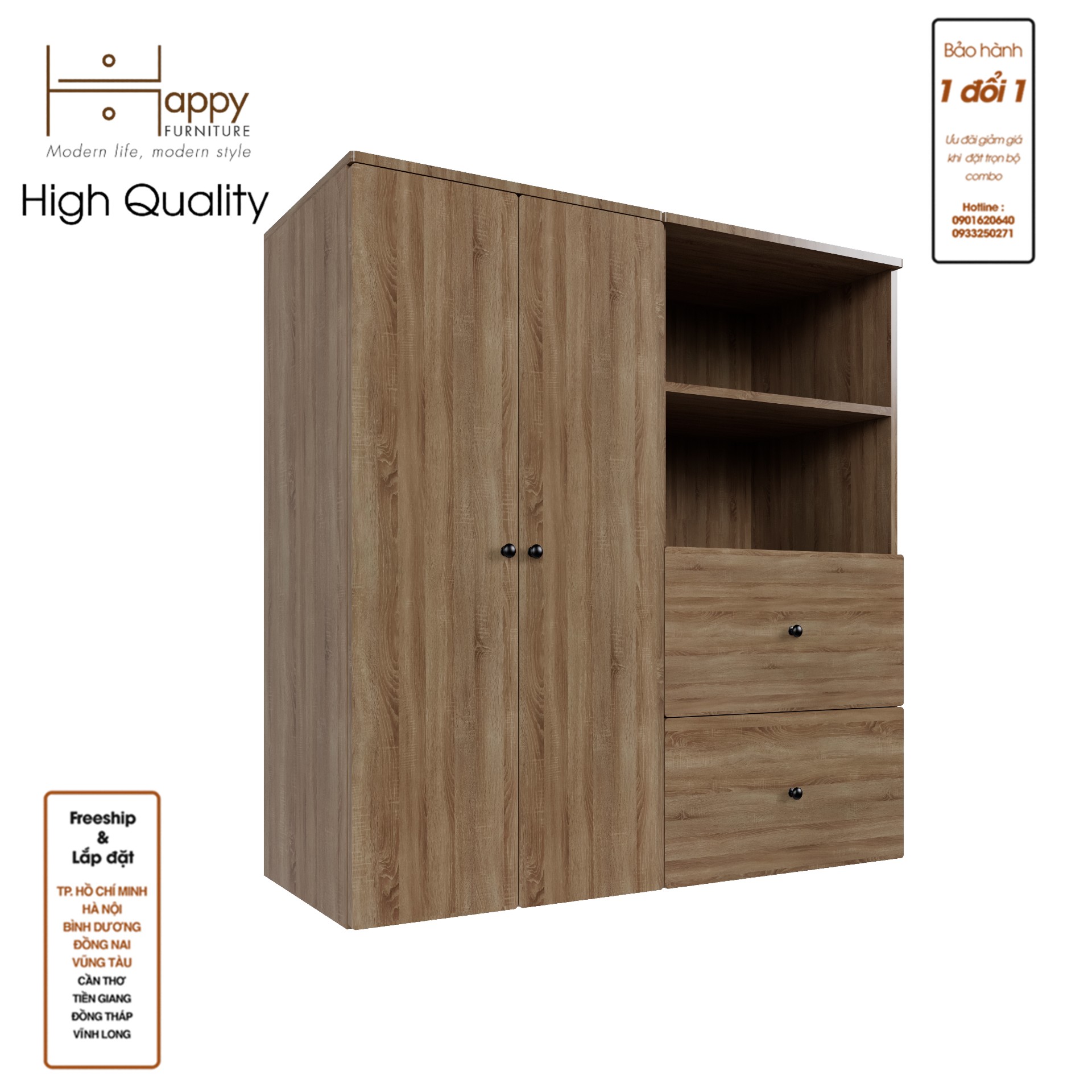 SCANDINA, Tủ quần áo 2 cánh mở - 2 ngăn kéo ,120cm x 42cm x 120cm , TCM_094