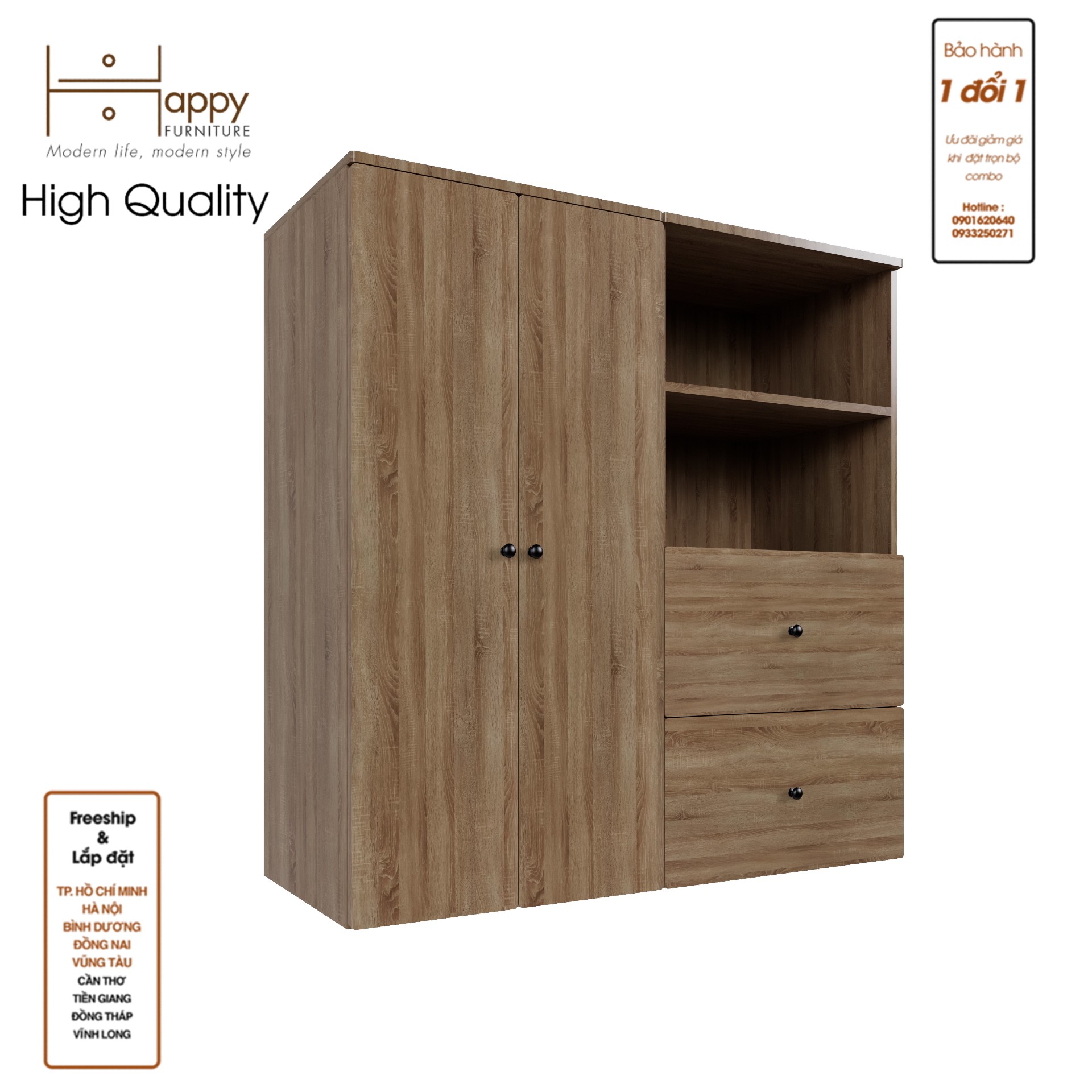 [Happy Home Furniture] SCANDINA, Tủ quần áo 2 cánh mở - 2 ngăn kéo ,120cm x 42cm x 120cm ( DxRxC), TCM_094