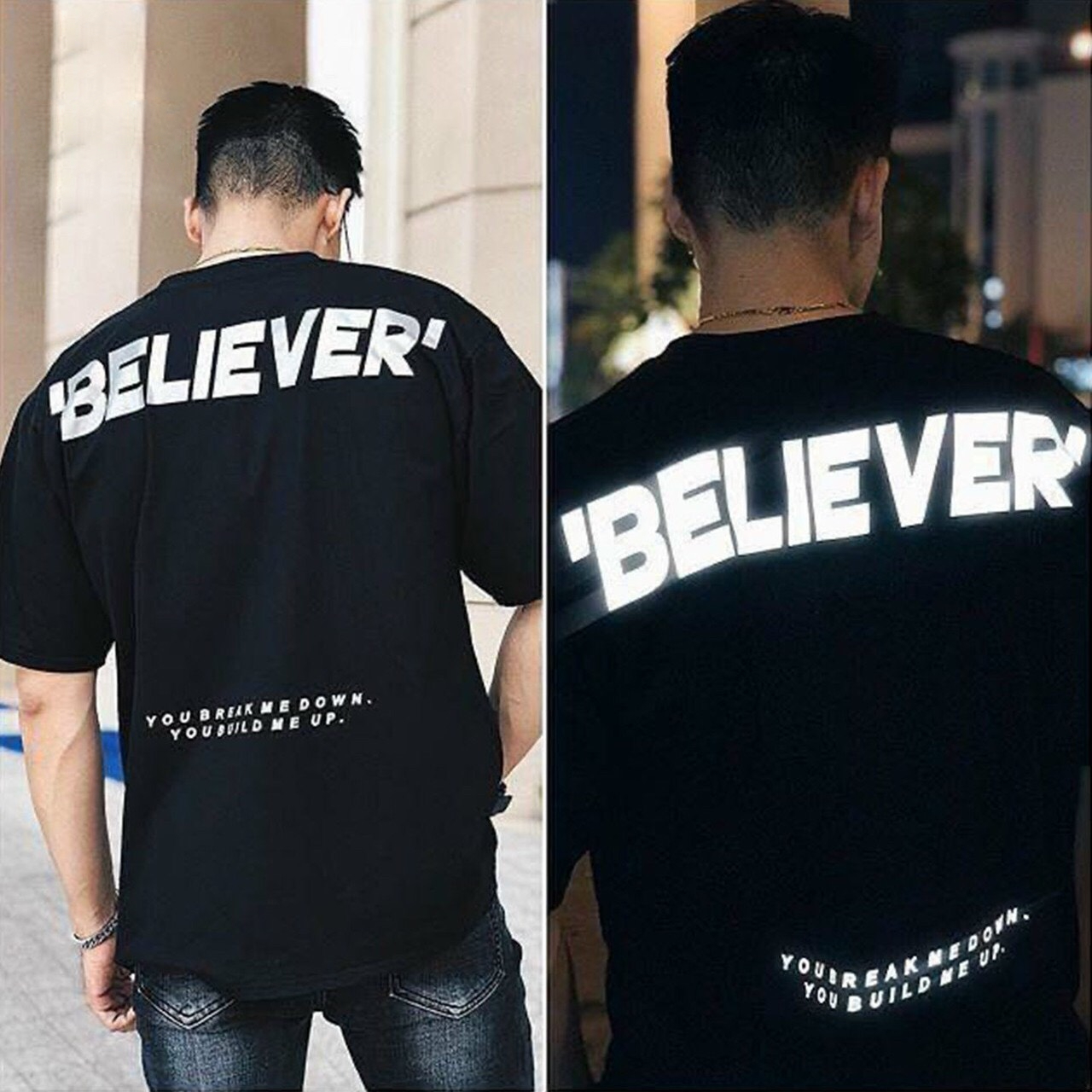 [FREESIZE từ 45-65kg] BELIEVER Áo thun đen nam in dạ quang phản quang trong tối, chụp flash
