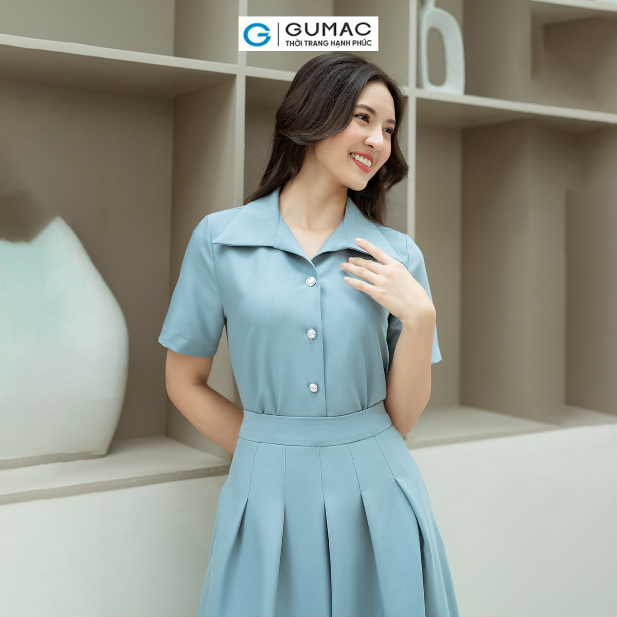 Set lẻ Áo kiểu tay ngắn GUMAC AD08028 - Chân váy A xếp ly GUMAC VD08037