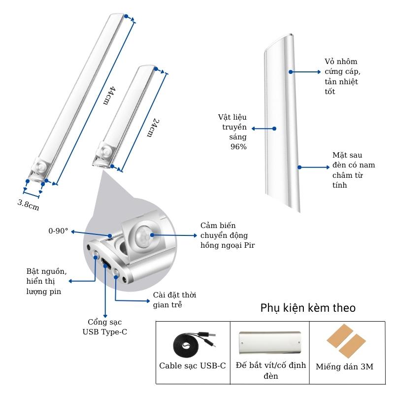 Đèn Led Tủ Bếp Cảm Ứng Vỏ Nhôm Cao Cấp Dùng Pin Sạc HM-AL