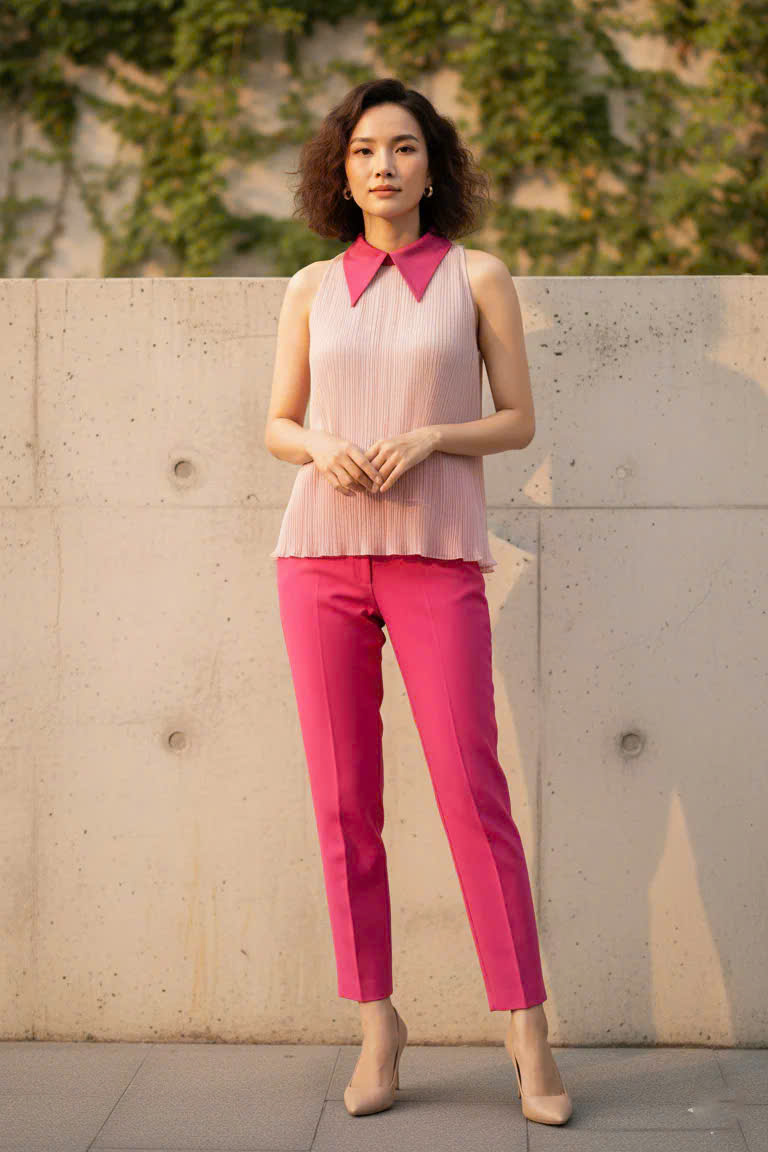 Áo Sơ Mi Vai Yếm Dập Ly, Áo Sát Nách Cổ Sơ Mi Hồng thời trang thiết kế Hity TOP246