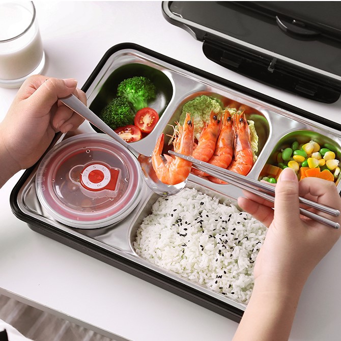 Cà men đựng cơm giữ nhiệt dạng khay với 5 ngăn riêng biệt chất liệu inox 304 cao cấp - Bộ dụng cụ ăn trưa văn phòng thông minh kiêm giá đỡ điện thoại