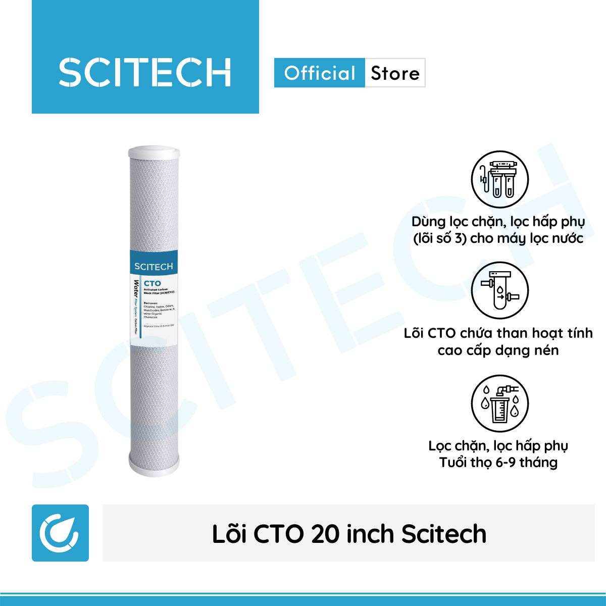 Bộ lõi lọc nước số 1,2,3 (PP-UDF-CTO) 20 inch by Scitech dùng trong máy lọc nước RO, bộ lọc thô - Hàng chính hãng