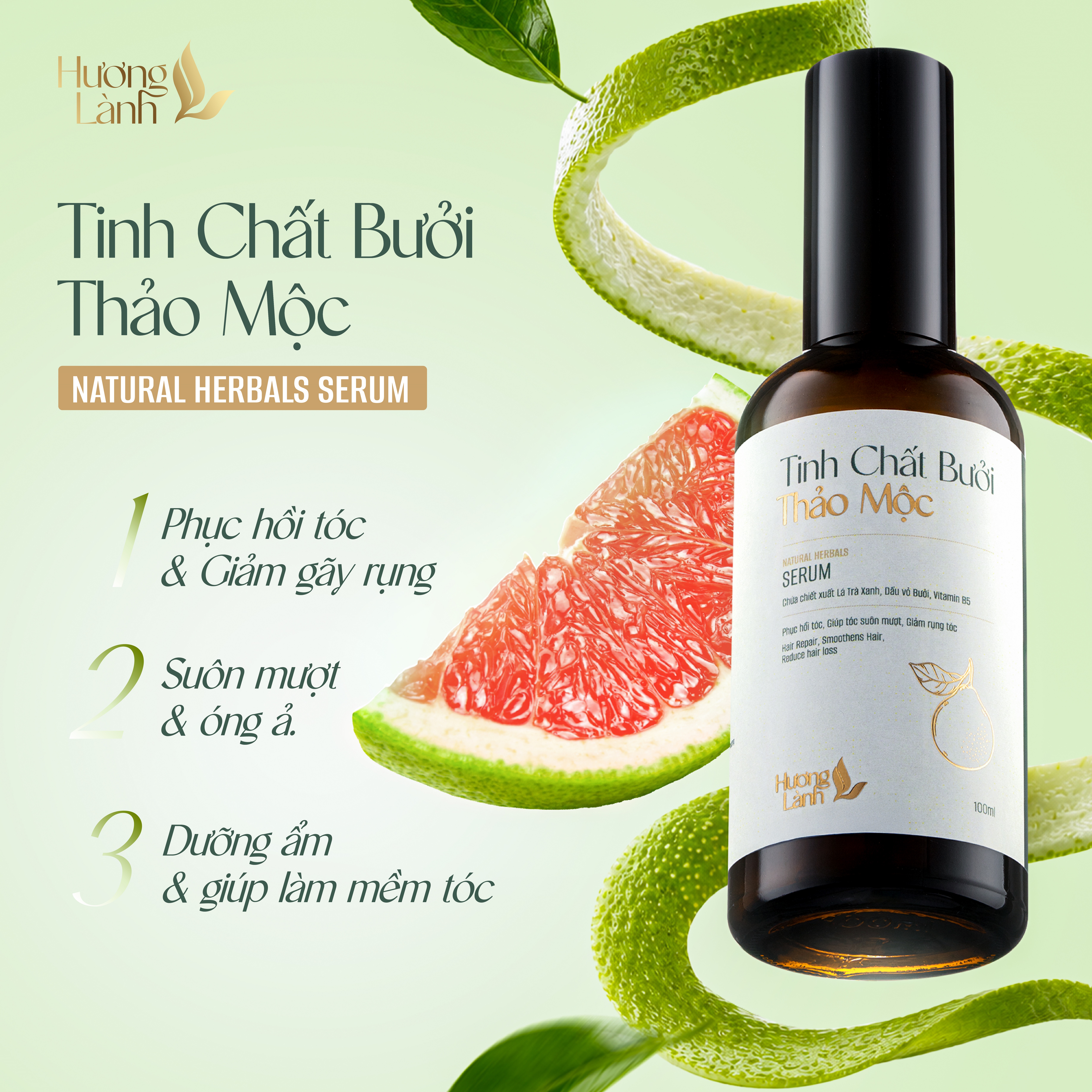 Tinh Chất Bưởi Thảo Mộc Hương Lành 100ml giảm gãy rụng kích thích mọc tóc nuôi dưỡng da đầu hỗ trợ phục hồi tóc hư tổn, giảm chẻ ngọn, kích mọc tóc từ tinh dầu bưởi và cam
