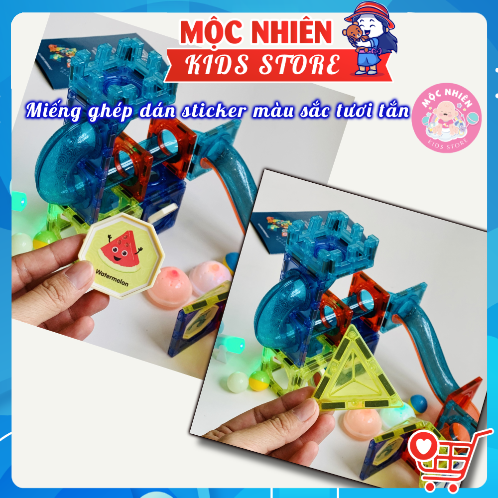 Đồ chơi xếp hình nam châm khối 3D cầu trượt thả bi sáng tạo (75 chi tiết) - Có đèn phát sáng