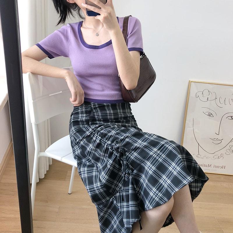 Women Summer Vintage High Waist Wild Plaid Print Skirt Casual Maxi Dress