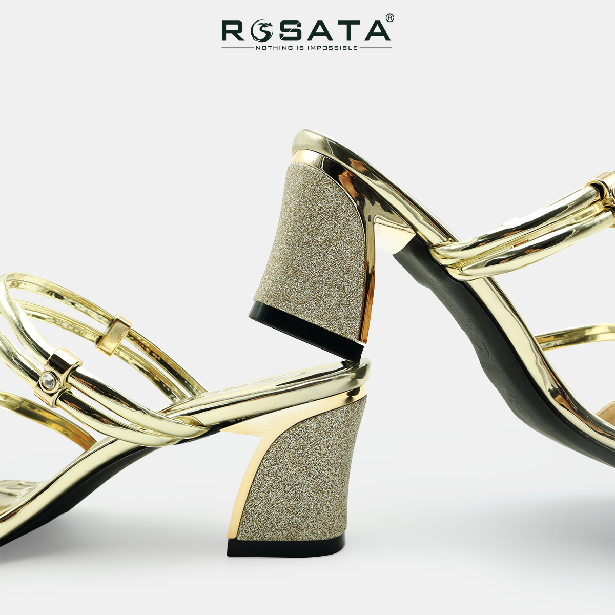 Sandal, dép nữ phối kim tuyến gót vuông ROSATA RO539 cao 5p - bạc, đồng - HÀNG VIỆT NAM - BKSTORE