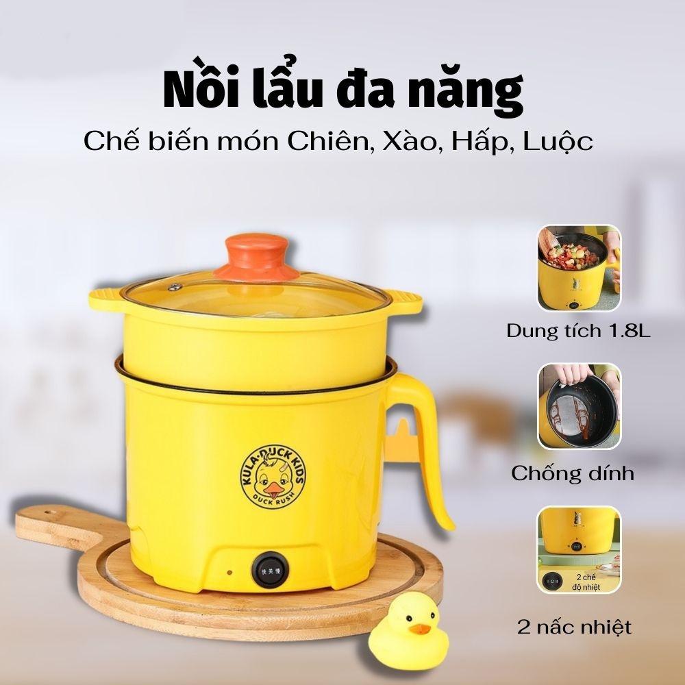 Nồi lẩu mini đa năng, ca nấu mì Vịt Vàng 18cm 2 nấc nhiệt kèm giá hấp nhựa,đế chống dính, chiên xào, hấp, luộc tiện dụng