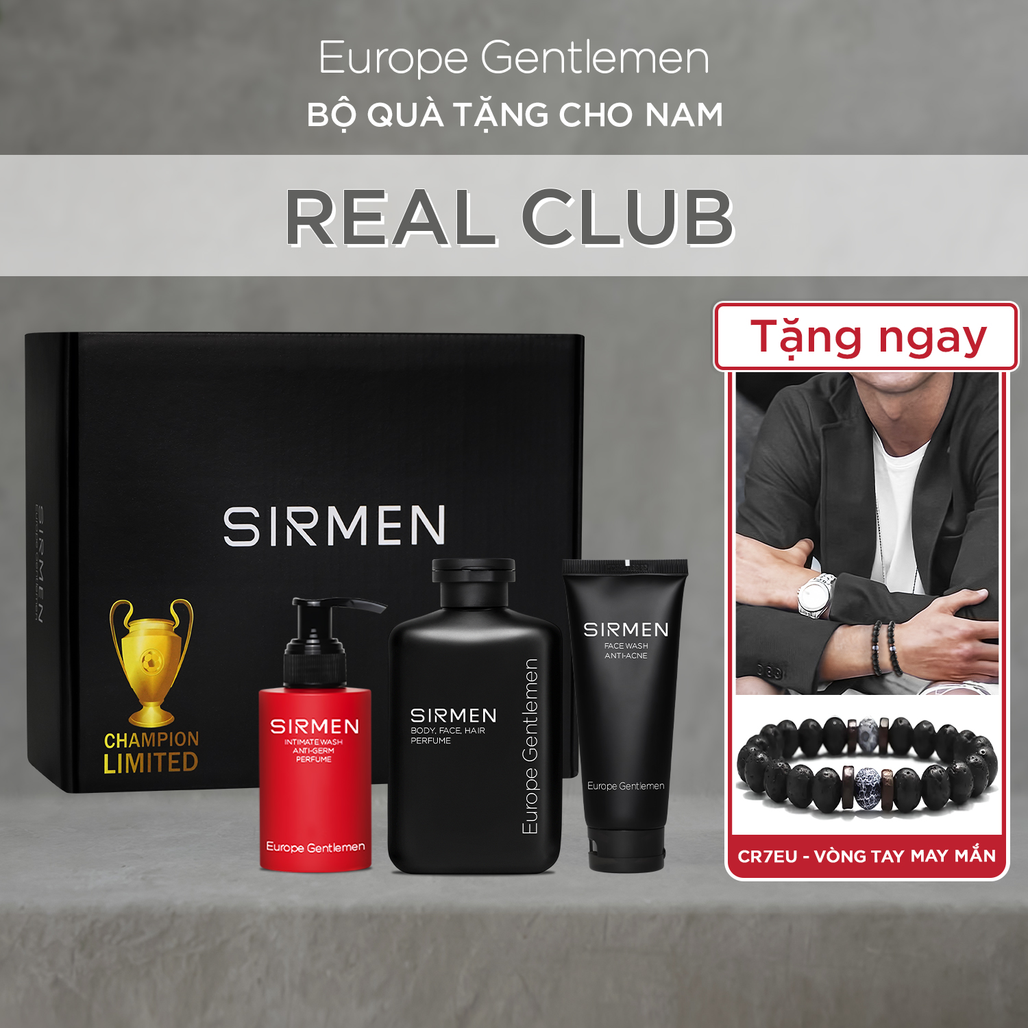 [CHAMPION LIMITED] Giftbox Combo 3 REAL CLUB Gồm Sữa Tắm - Dung dịch vệ sinh - Sữa rửa mặt hương nước hoa châu Âu SIRMEN