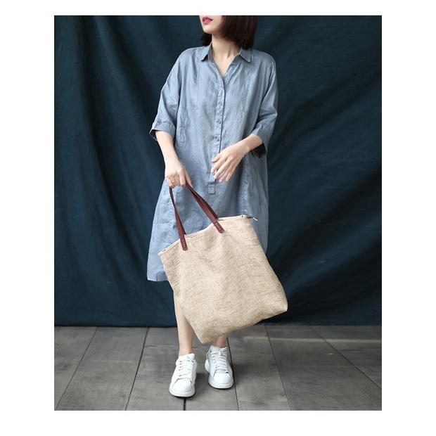 Đầm suông công sở linen cổ đức 2 túi bổ cơi, thời trang hè thu 2021
