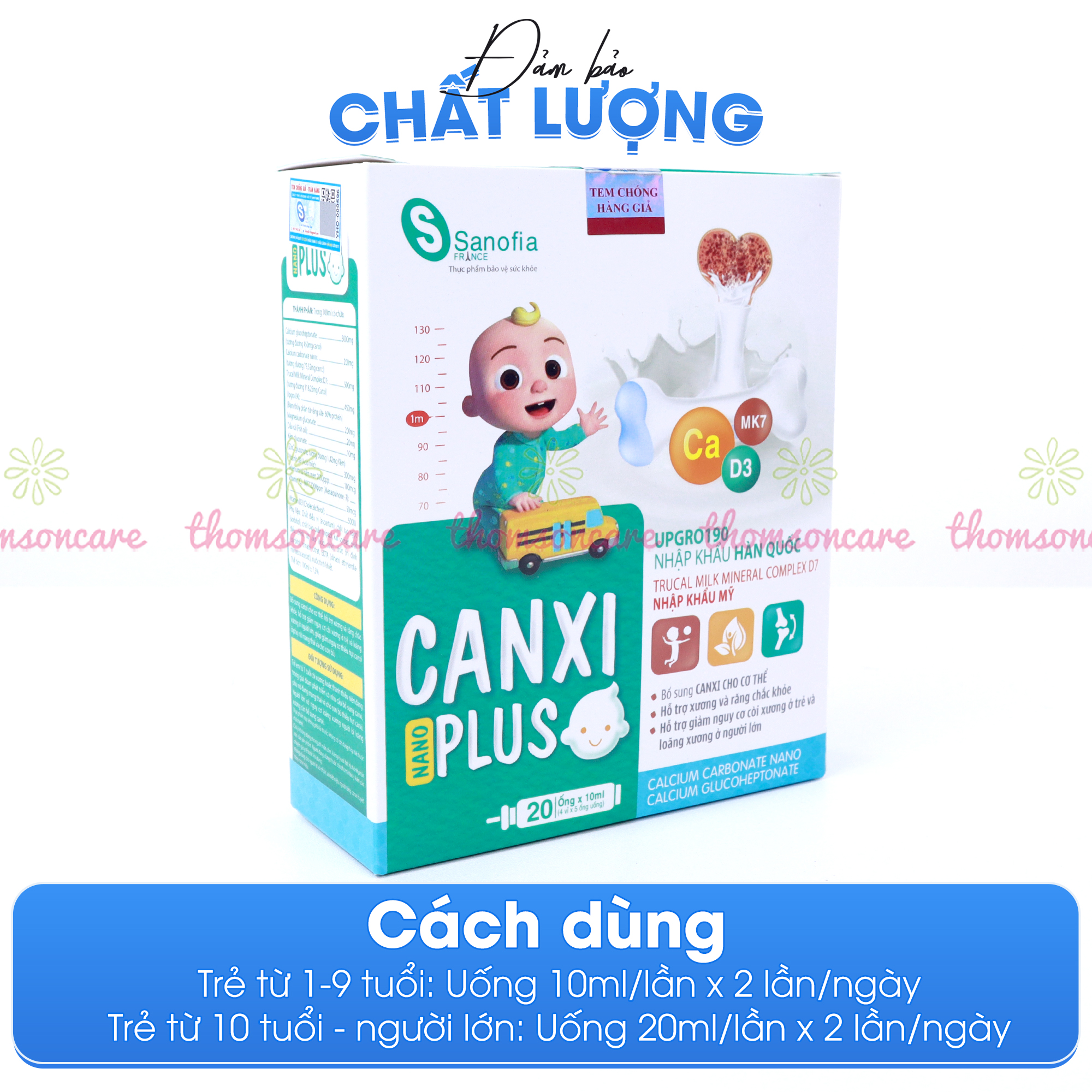 Canxi cho bé - Canxi Nano Plus, giúp xương răng chắc khỏe, giảm còi xương, tăng chiều cao từ Vitamin D3K2 - Hộp 20 ống