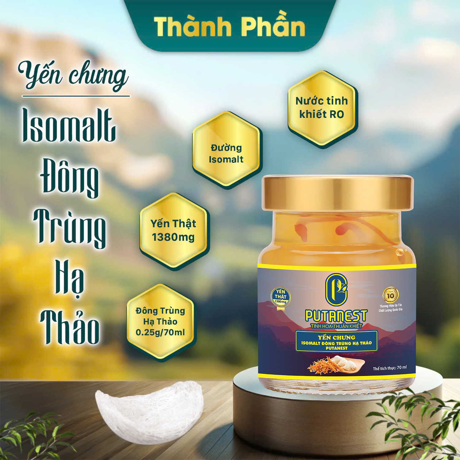 Yến chưng Isomalt Đông trùng hạ thảo PUTANEST hộp quà cao cấp 12 hũ 70ml cho người tiểu đường