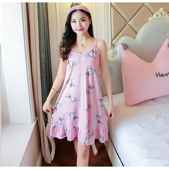 Váy ngủ nữ, váy mặc nhà họa tiết hình thỏ có 2 màu hồng và xanh V18