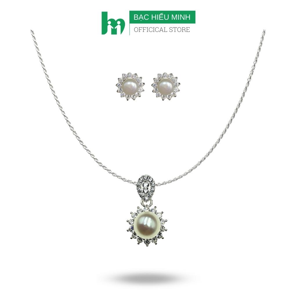 Combo Dây Chuyền Hoa Tai Dây Xoắn Kép Và Ngọc Trai Nuôi Đính Đá Cao Cấp Chính Hãng BẠC HIỂU MINH BCB005