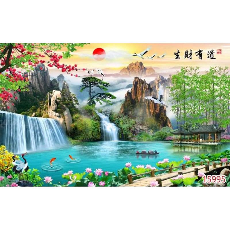 Tranh dán tường 3D sơn thủy hữu tình , phong cảnh, thác nước nhận in theo kích thước yêu cầu