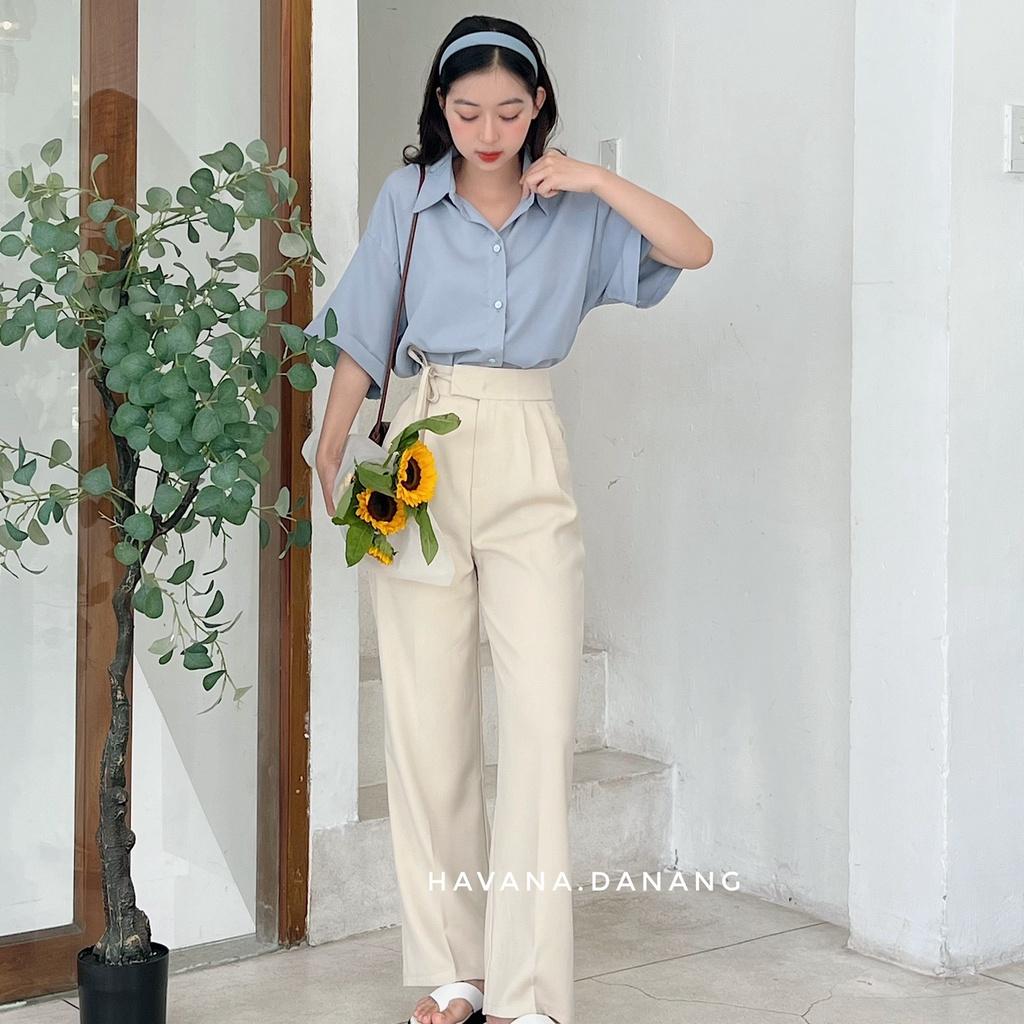 Quần ống rộng suông nữ, quần lưng cao dây buộc eo form suông ulzzang