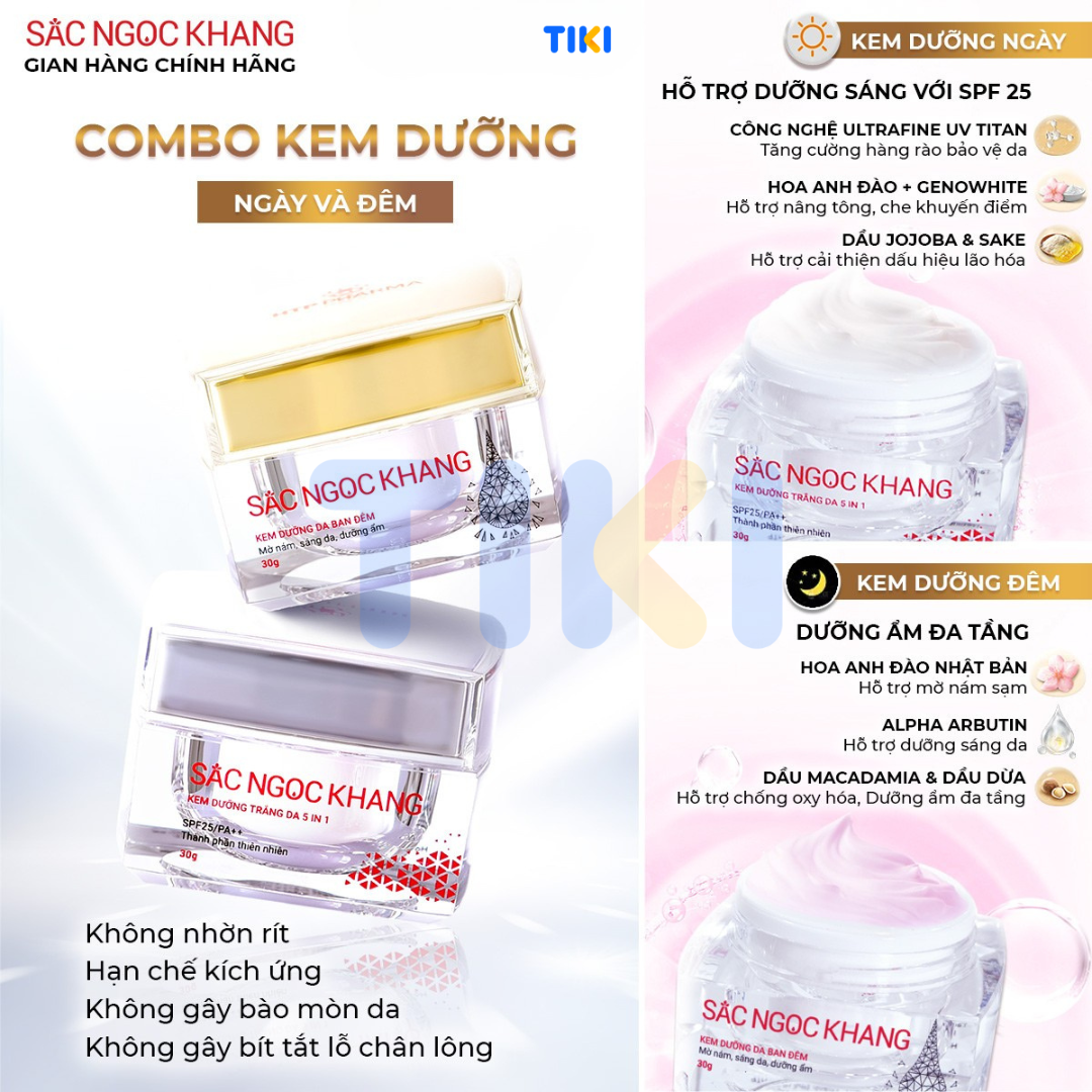 Bộ kem dưỡng ngày và đêm: Kem ban ngày 5 trong 1 (30ml) + Kem ban đêm (30g) giúp dưỡng ẩm, nâng tông, sáng da, làm mờ vết thâm, sạm, nám